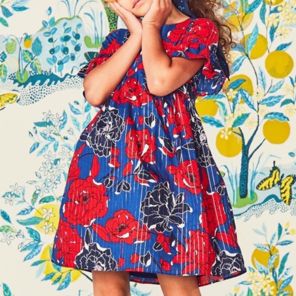JANIE & JACK Red & Blue Lurex Floral Flutter Sleeve Dress Size 18-24 Months